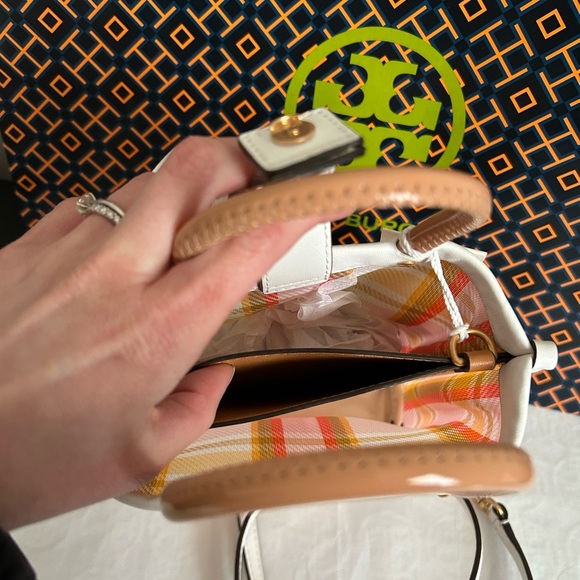 Tory Burch Mini Perry Mesh Tote Canyon Flower Plaid White Pink Tan Yellow Gold - Picture 9 of 13